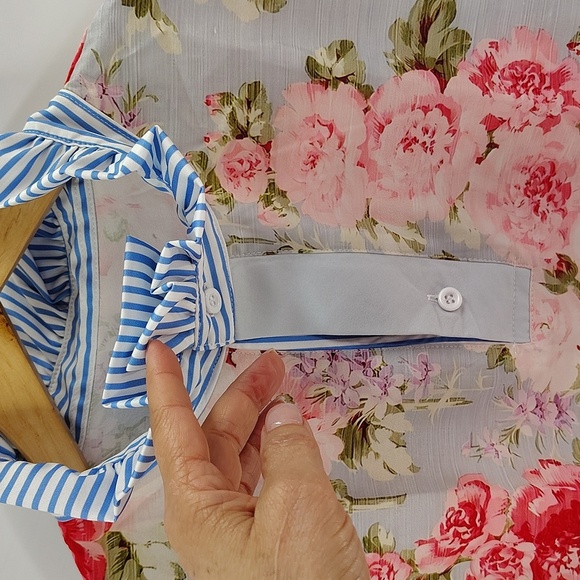 Floral Shirt Sleeve Blouse Size Large Mix Material Stripe Collar And Sleeve - Picture 2 of 5